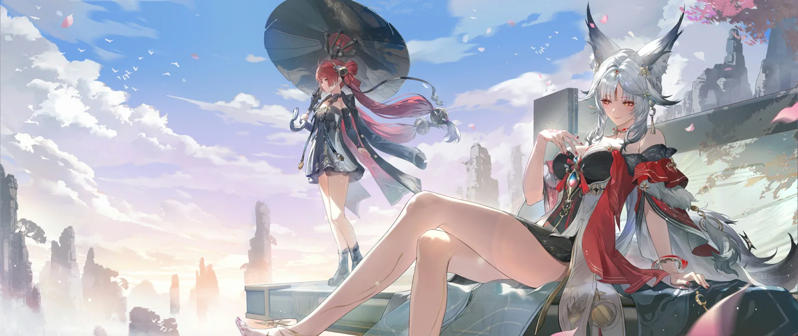 Story CG: Hsin and Suoming sit high above Mengzhou under a bright sky, talking.