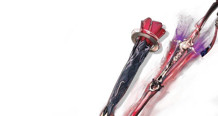 In-game render: the closed black umbrella with its red canopy tip beside the drawn crimson sword.