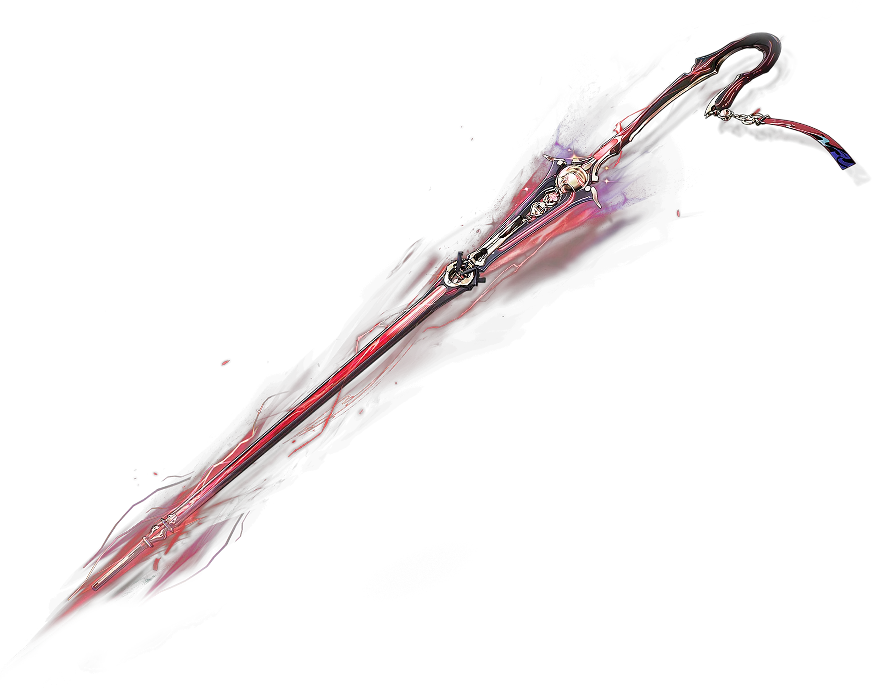 Unspoken Rue, official render: a long crimson-and-silver sword wrapped in red lightning, a hooked pommel trailing a chain.