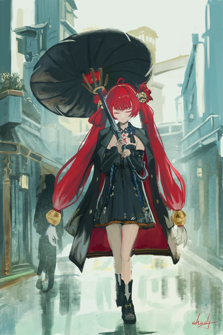 Fan art: Suoming walking down a rainy street under her umbrella.