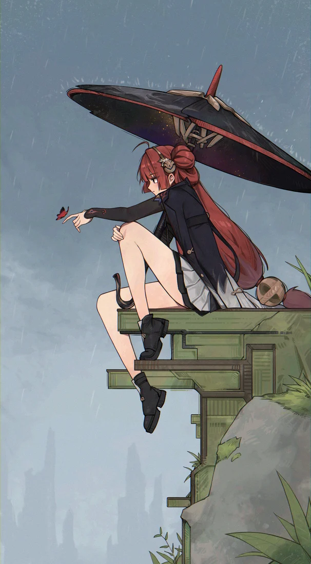 Fan art: a small figure of Suoming sitting on a ledge under her umbrella against a wide grey sky.