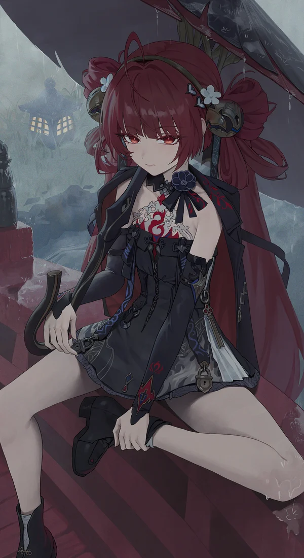 Fan art: Suoming seated in muted dark tones with her umbrella.