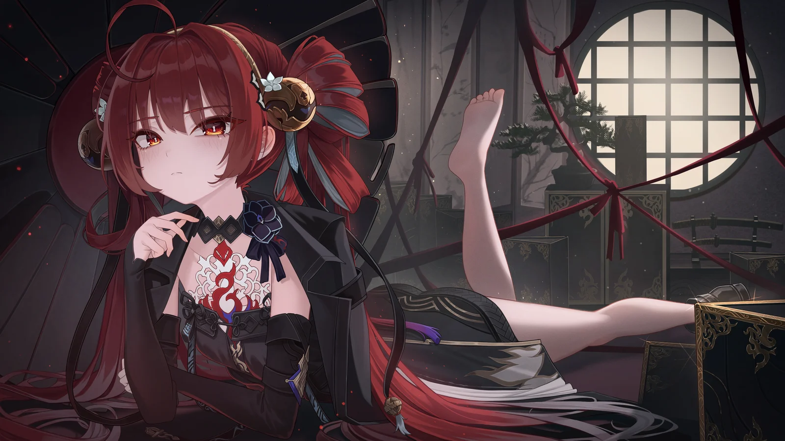 Fan art: Suoming lying in a dark room before a round moonlit window, red cords strung across it.