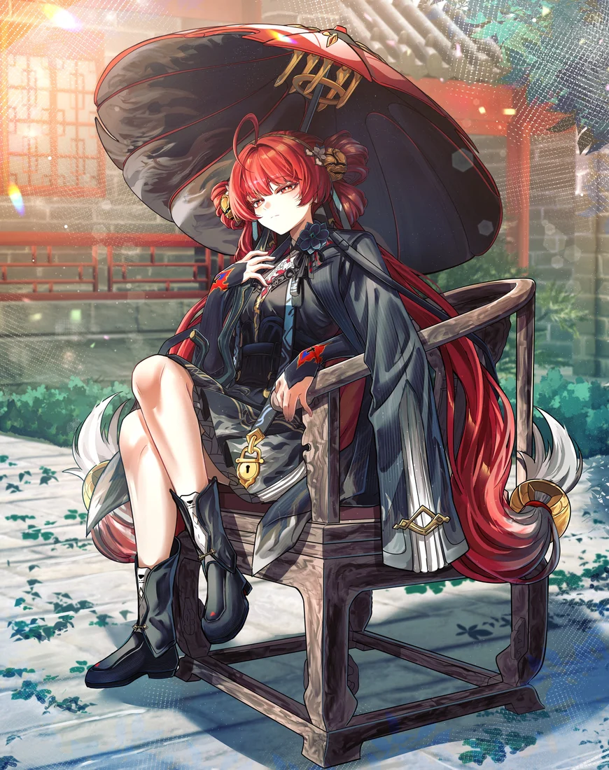 Fan art: Suoming seated on a carved chair in a snowy courtyard, umbrella overhead.